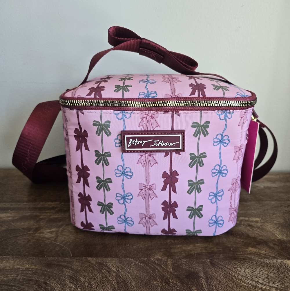 Betsey Johnson Pink Blue Bow Zip Around Insulated Lunch Tote Bag Crossbody - Picture 2 of 6